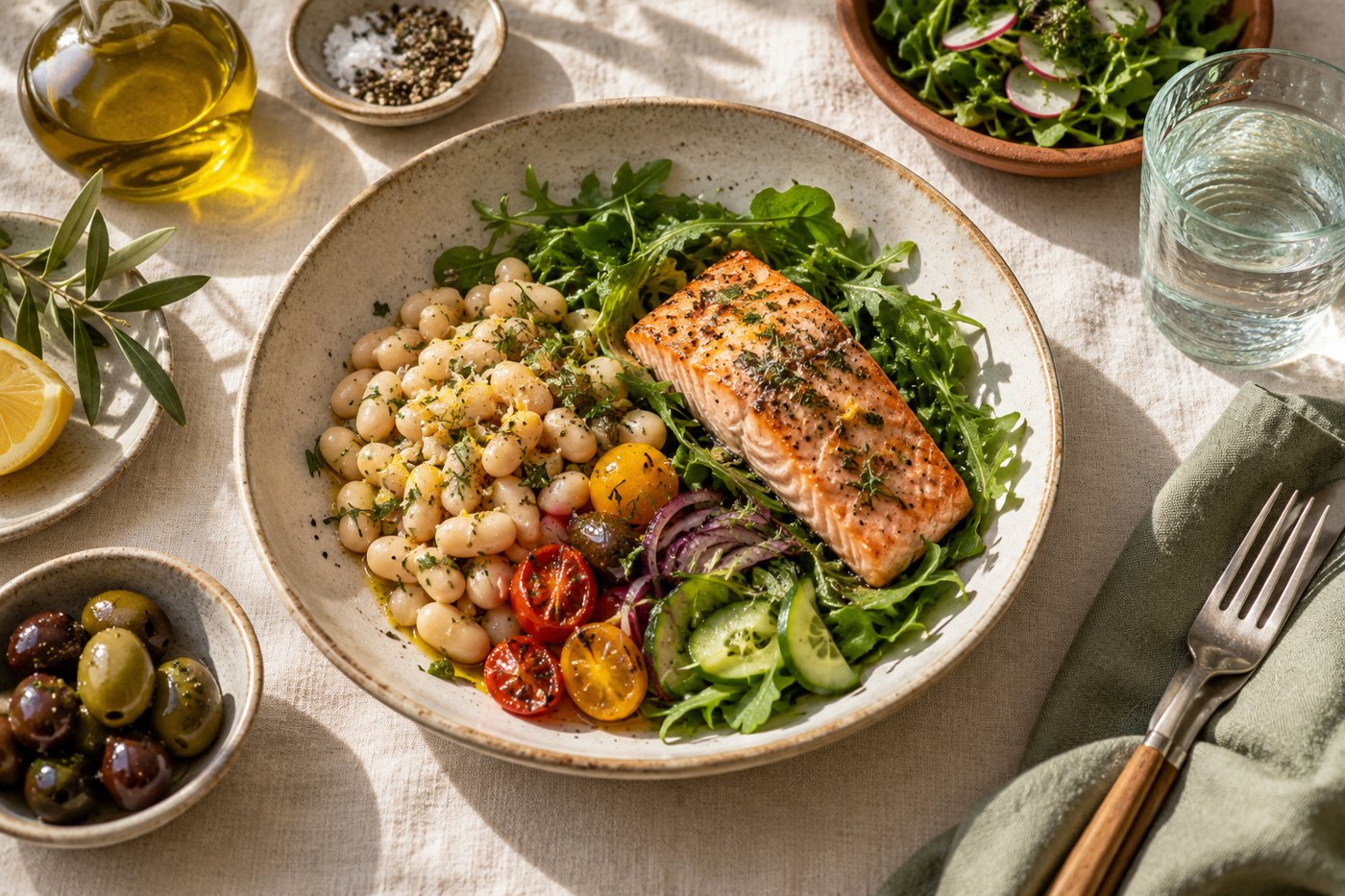 AI illustration of a balanced meal with vegetables, beans and salmon