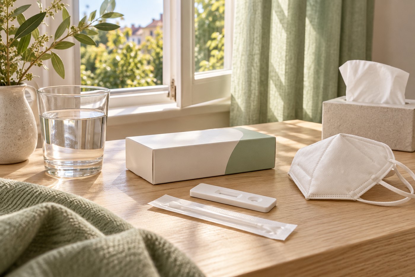 AI illustration of a mask, home test kit, tissues and water beside an open window