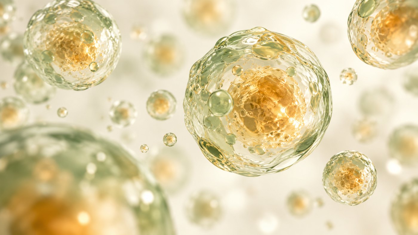 AI conceptual illustration of translucent extracellular vesicles; not a microscopy image