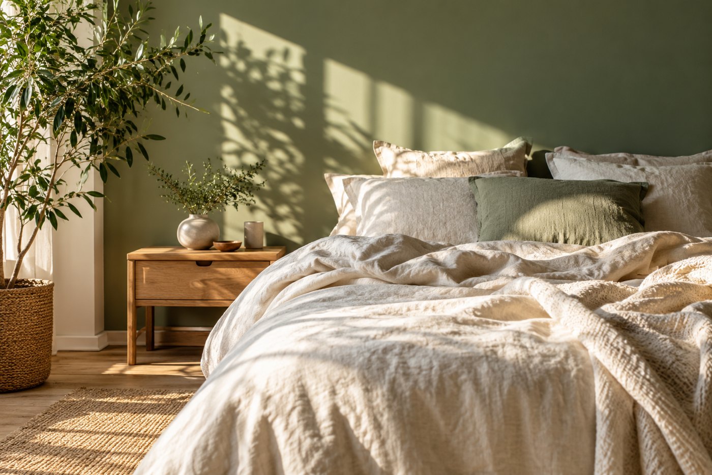 AI illustration of a quiet bedroom with linen bedding and morning sunlight