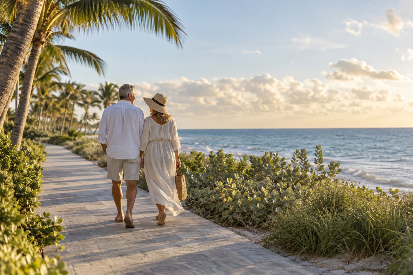 AI illustration of a mature couple walking on a quiet palm-lined coastal path